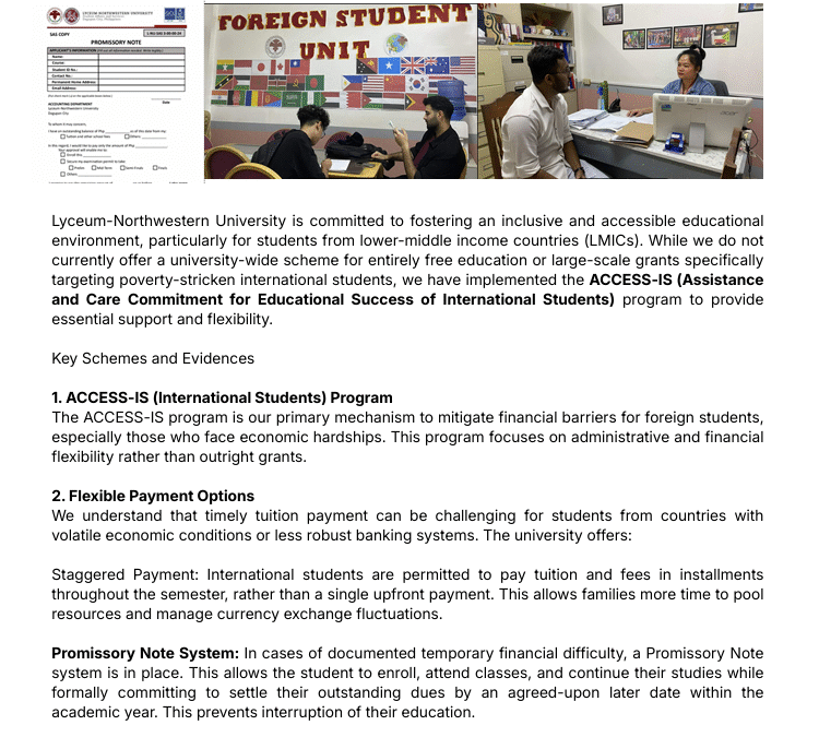 Lyceum-Northwestern University is committed to fostering an inclusive and accessible educational environment, particularly for students from lower-middle income countries (LMICs).