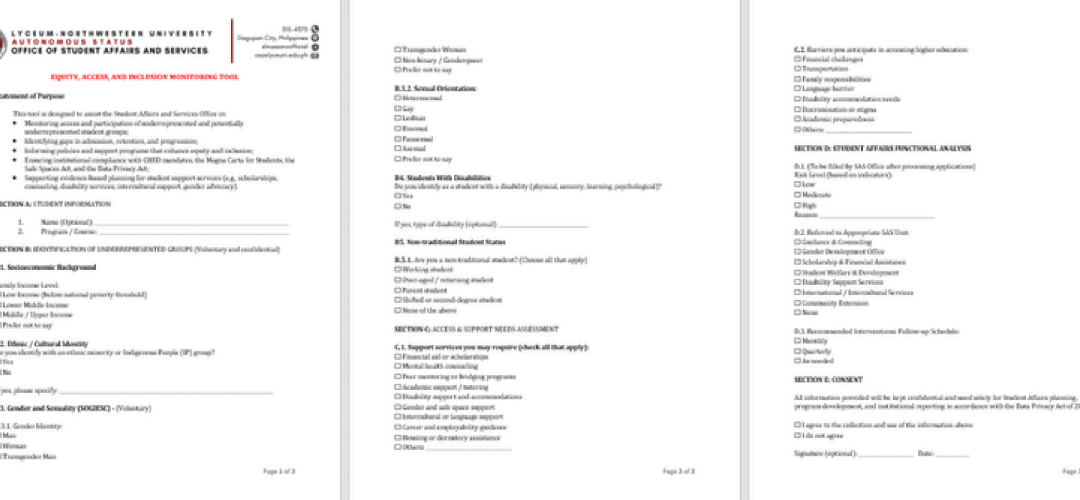 Lyceum-Northwestern University (L-NU) confirms that it systematically measures and tracks theapplications and admissions data of underrepresented and potentially underrepresented groups through a dedicated instrument: the Equity, Access, and Inclusion Monitoring Tool.