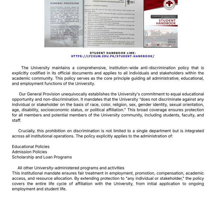 The University maintains a comprehensive, institution-wide anti-discrimination policy that is explicitly codified in its official documents and applies to all individuals and stakeholders within the academic community. This policy serves as the core principle guiding all administrative, educational ,and employment functions of the University