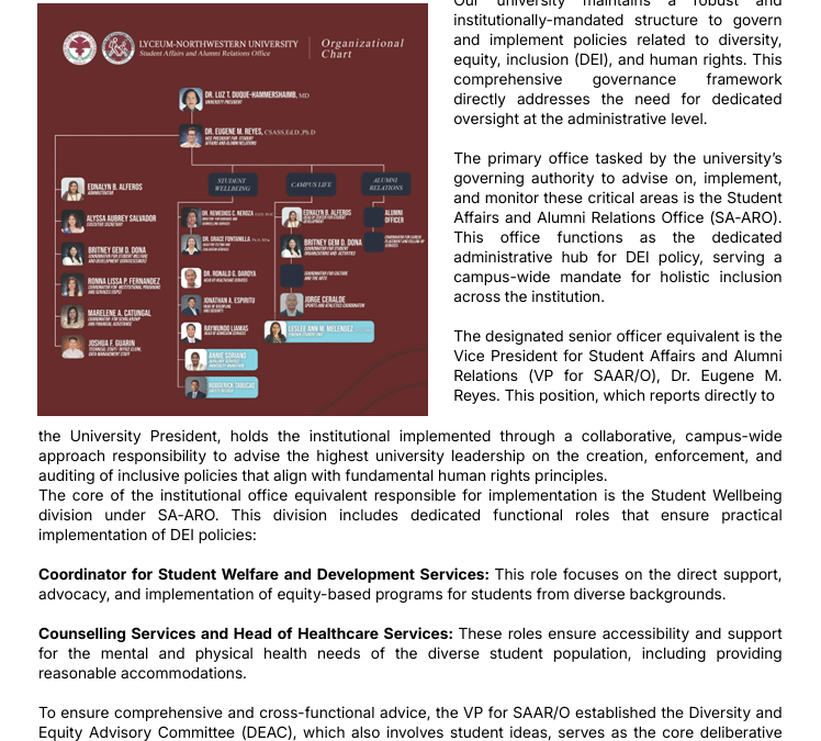 Our university maintains a robust and institutionally-mandated structure to govern and implement policies related to diversity, equity, inclusion (DEI), and human rights.