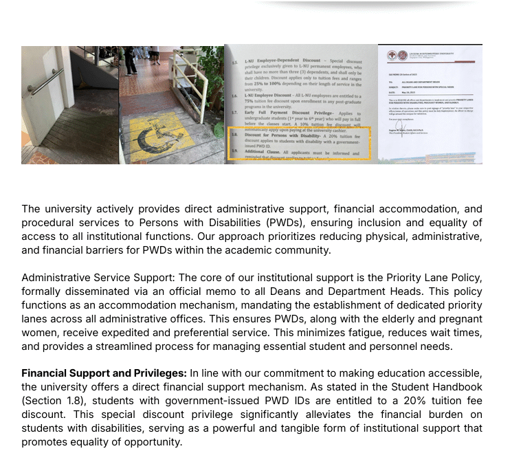 The university actively provides direct administrative support, financial accommodation, and procedural services to Persons with Disabilities (PWDs), ensuring inclusion and equality of access to all institutional functions.